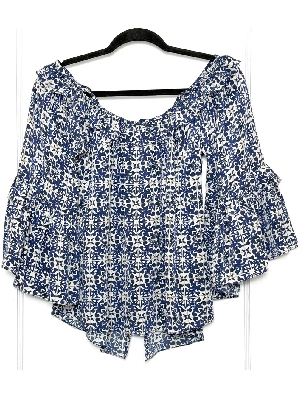 FIGUE Silk Tile Print Off Shoulder Ruffle Bell Sleeve Coquette Tassel Top XS